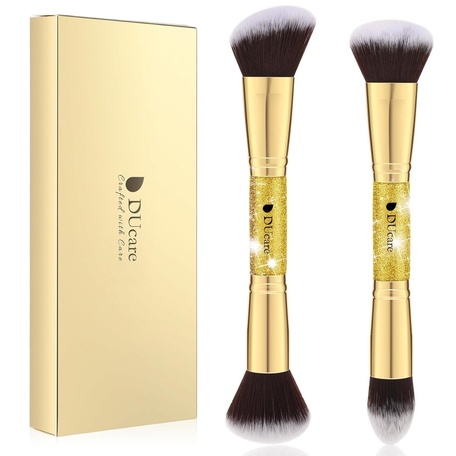 2Pcs Duo End Makeup Brushes, Synthetic Bristle Foundation Powder Buffer & Contour Brush Set, Dual Sided Face Brushes for Blending Concealer Bronzer Highlighter