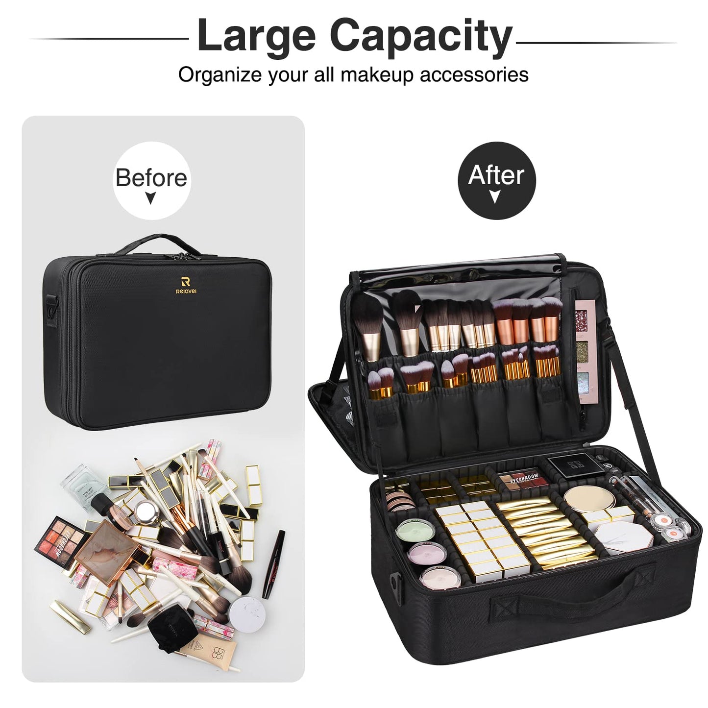 Large Makeup Case, 3 Layers Makeup Bag Cosmetic Organizer Brush Bag Barber Train Case Makeup Artist Box for Hair Curler Hair Straightener Brush Set and Cosmetics